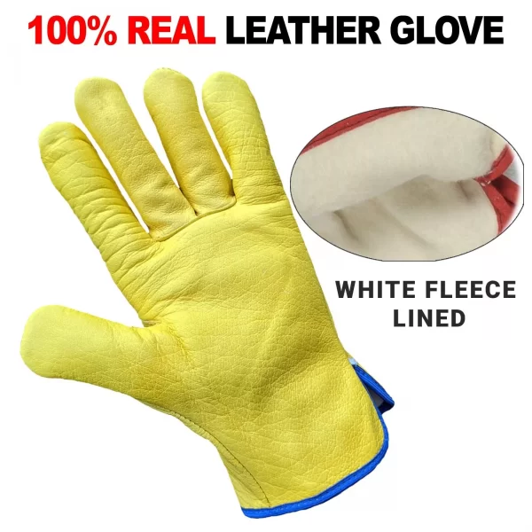 Premium Yellow Leather Driver Work Gloves Fleece Lined Lorry Truck Driving Glove - Image 2