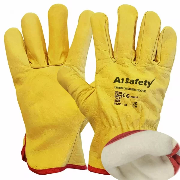 Premium Yellow Leather Driver Work Gloves Fleece Lined Lorry Truck Driving Glove